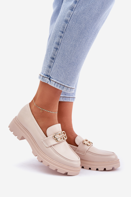 Eko Skórzane Mokasyny Damskie Z Ozdobą Beżowe Trionna