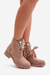 Suede Warm Ankle Boots With Pearls And Ribbon Beige Perla