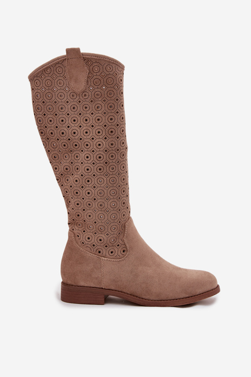 Damskie Kozaki Eko Zamsz Płaski Obcas Ażurowe Beżowe S.Barski HY52-531