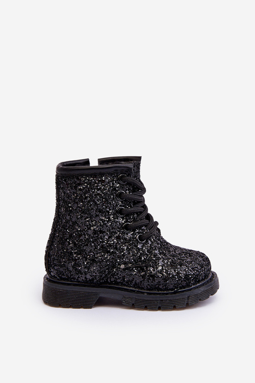 Children's Glittery Lined Boots with Zipper Black Saussa