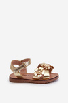 Children's sandals adorned with flowers, fastened with velcro, golden Fagossa