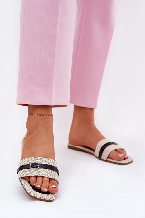 Klapki Damskie Płaskie Materiałowe Z Paskiem I Sprzączką Beżowo-Czarne Zilina