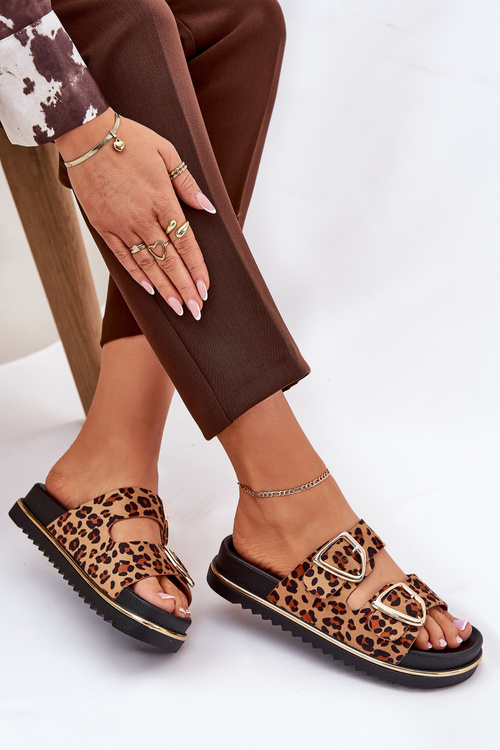 Women's platform slippers with leopard print and gold buckles brown Tersele
