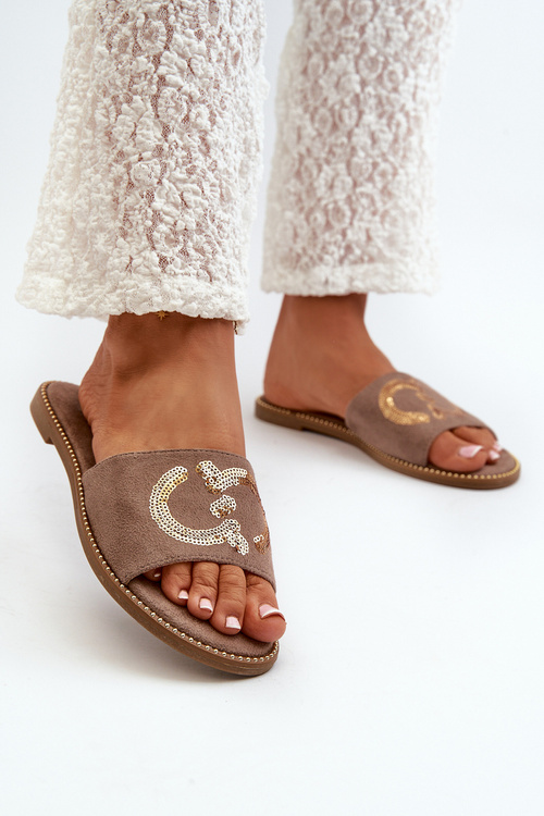 Klapki Damskie Płaskie Z Cekinami Brązowe S.Barski KV27-052