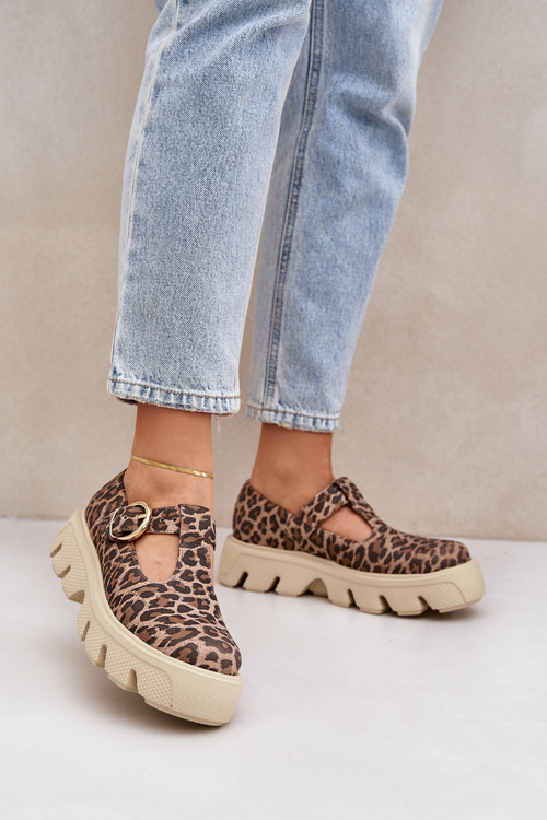 Suede Loafers With Buckle In Leopard Print Zazoo 20183 Brown