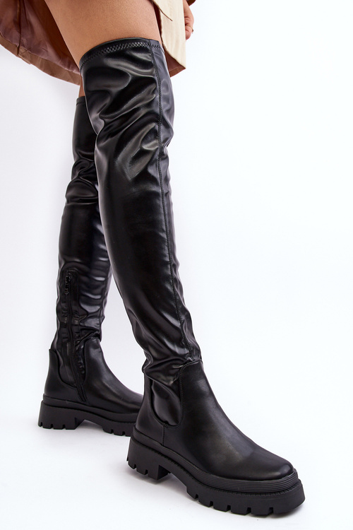Leather Flat Over The Knee Boots Black Lilien