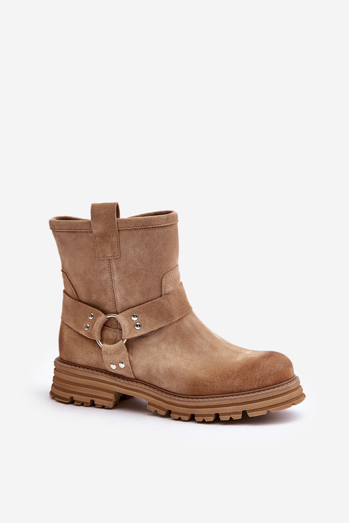 Botki Na Płaskim Obcasie Zamszowe Damskie Beżowe Lewski 3610