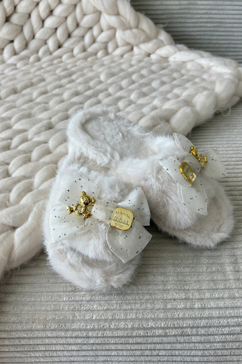 Furry Women's Slippers With Bow And Gold Decoration Light Beige Nolara