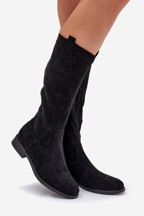 Knee Boots With Perforated Shaft On Flat Heel S.Barski HY51-860 Black