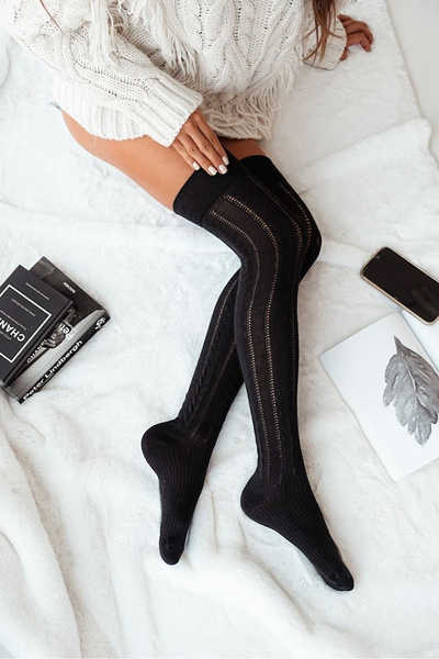 Damskie Zakolanówki Ażurowe Warkocz Czarne