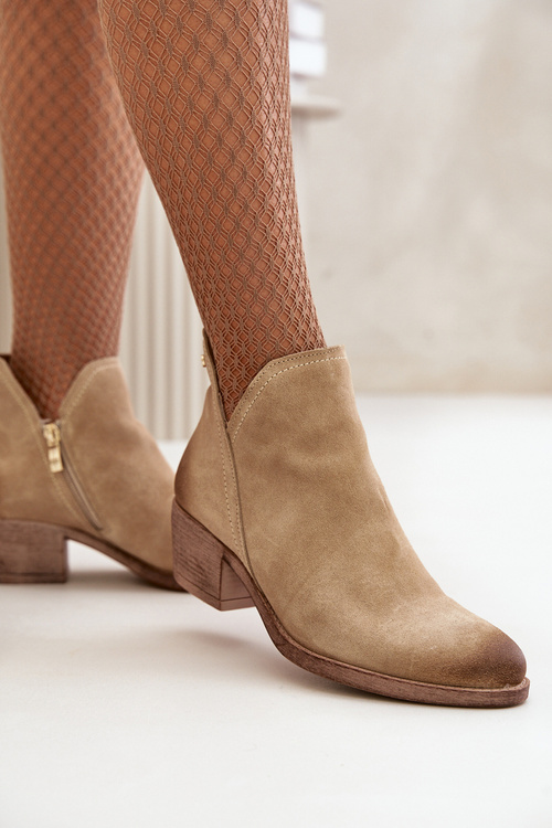 Botki Zamszowe Damskie Niski Obcas Ocieplane Na Zamek Beżowe Zazoo 60475