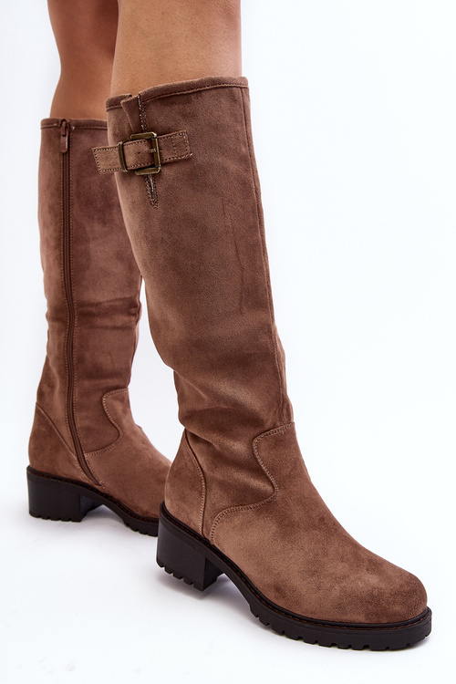 Women's Suede Boots on a Flat Heel Beige Saranai