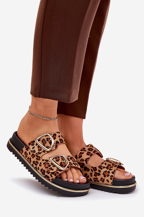 Women's platform slippers with leopard print and gold buckles brown Tersele
