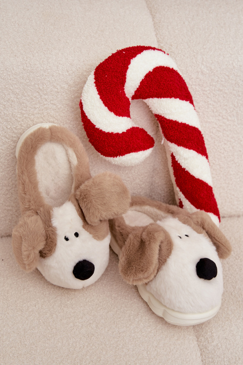 Damskie Kapcie Futrzane Pieski Beżowe Faylen