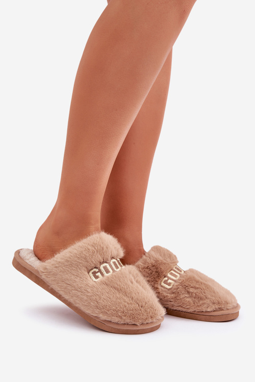 Ladies Slippers With Fur And Text Brown Kalelia