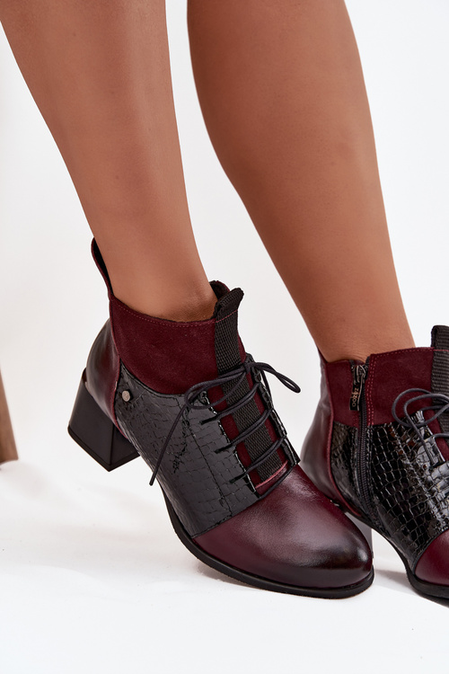 Botki Na Obcasie Skóra Naturalna Zwierzęcy Wzór Ocieplane Bordowe Zazoo 60503