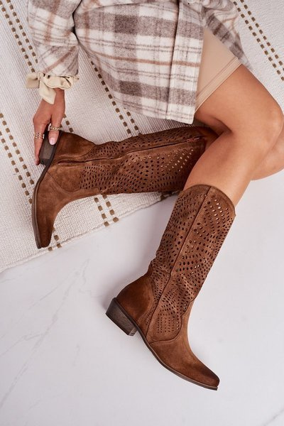 Spring Openwork Suede Boots Exquisite 1229 Cognac