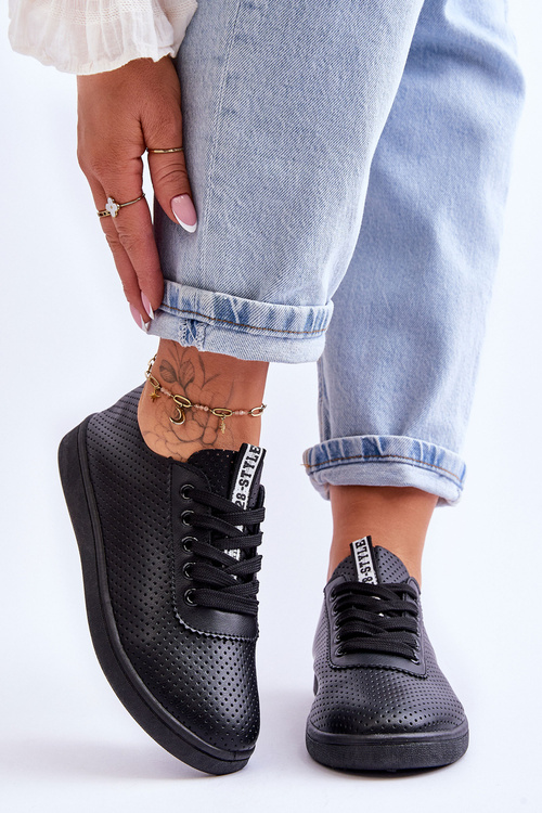 Trampki Damskie Ażur Sznurowane Czarne Carinel