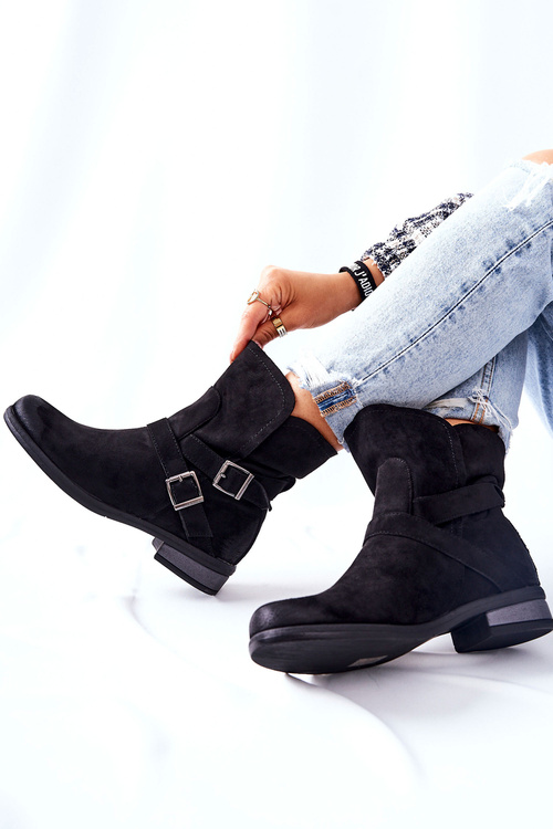 Suede Booties with Buckles Black Renisse