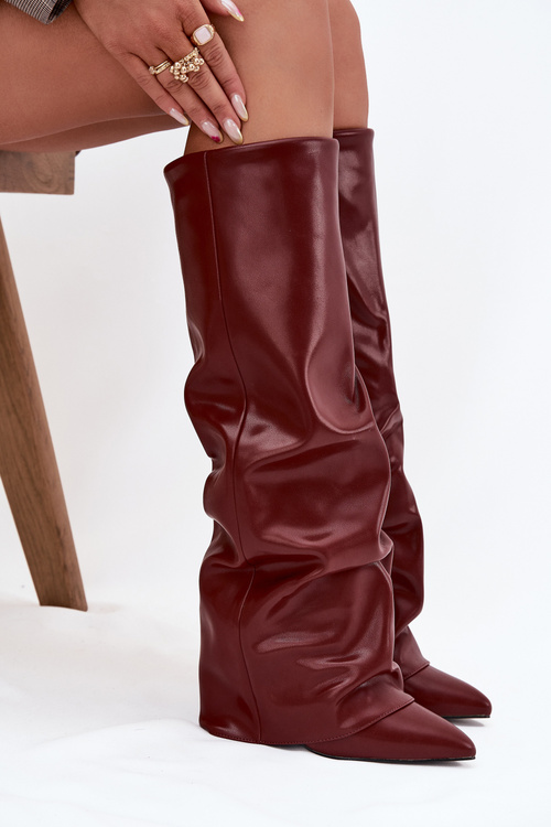 Insulated Women's Boots with Rolled Shaft on a Heel Bordeaux Elivira