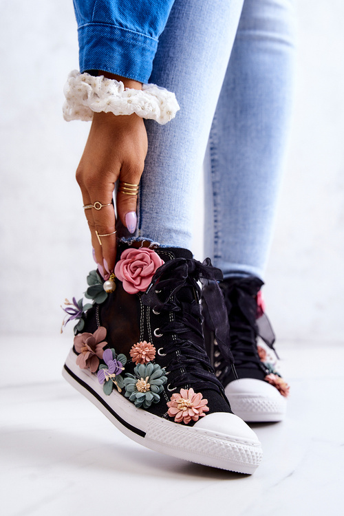 High-top Sneakers with Flowers Black Sellin