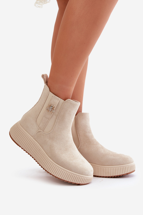Slip On Women's Ankle Boots On Platform With Decoration Eco Suede Light Beige Ciatheia