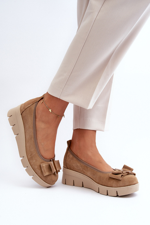 Leather Platform Ballerina with Decoration Beige Lewski 3384