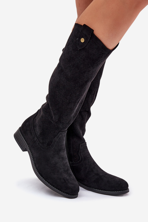 Flat Heeled Boots With Perforated Pattern Black S.Barski HY51-062