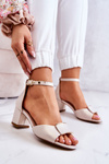 Sandały Skórzane Ozdoba Obcas Słupek Beżowe Floren