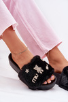 Ladies Platform Slippers With Fur And Gold Clips Black Livira