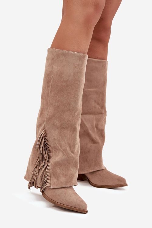 Ladies Slip-On Cowboy Boots With Heel And Fringes Beige Zalia