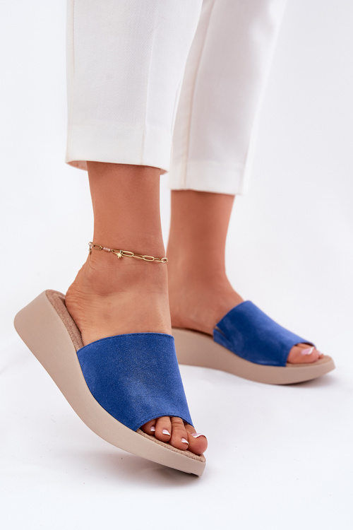 Damskie Klapki Na Koturnie Zamszowe Niebieskie Panto Fino RR267041