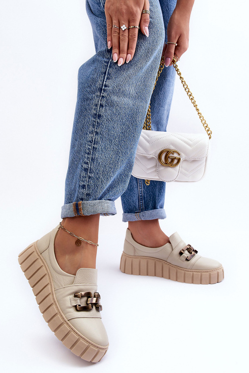 Women's Leather Platform Shoes with Decorative Beige Lewski 3398