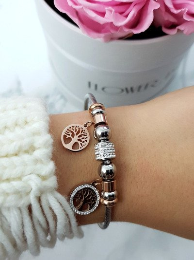 Women's Bracelet on Stainless Steel Wire with Rose Gold Charms Pendants