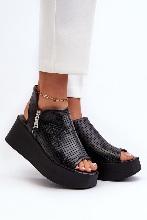 Zazoo 1792 Leather Cutout Wedge Sandals Black