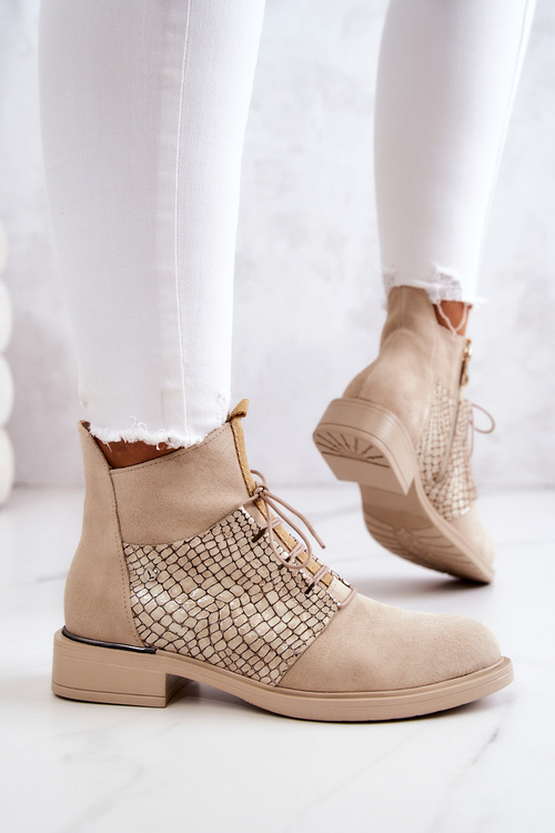 Women's Suede Ankle Boots with a Snake Pattern Light Beige Sonroe