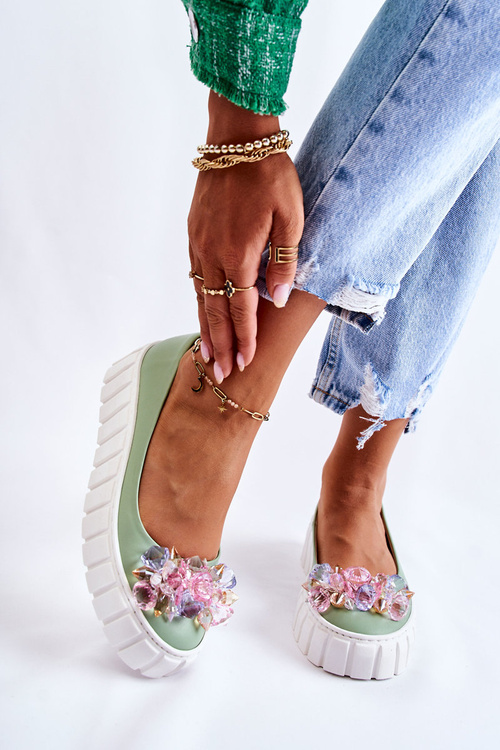 Leather Ballerinas On A Platform With Colorful Ornament Green Ladette