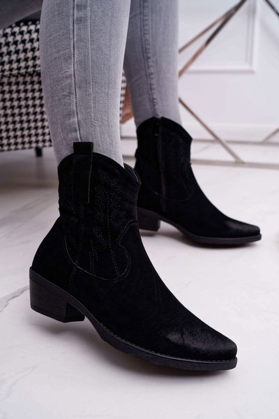 Damskie Botki Kowbojki Zamszowe Czarne Ferders