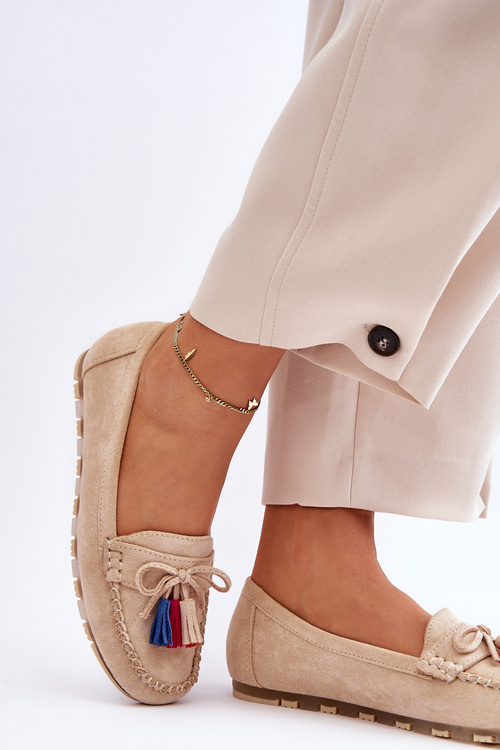 Suede Loafers With Bow And Fringes Beige Dorine