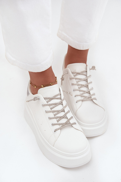 Damskie Sneakersy Ozdobne Sznurowanie Brokat Platforma Białe Belmira