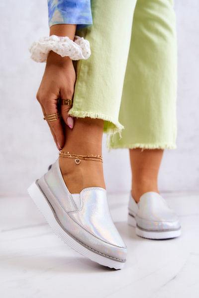 Tenisówki Skórzane Slip-On Damskie Holograficzne Srebrne