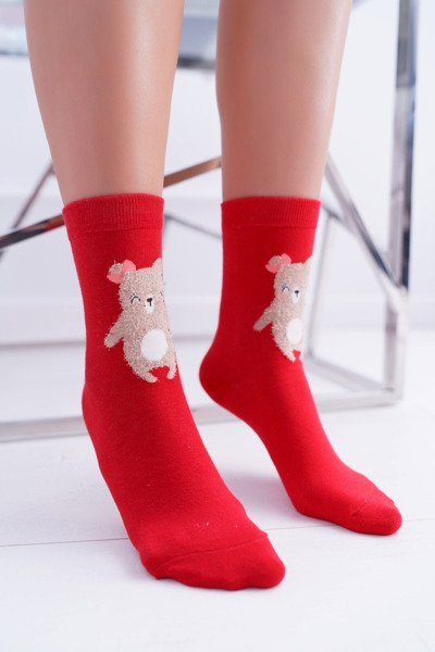 Ladies' Christmas Socks Red With Teddy Bear