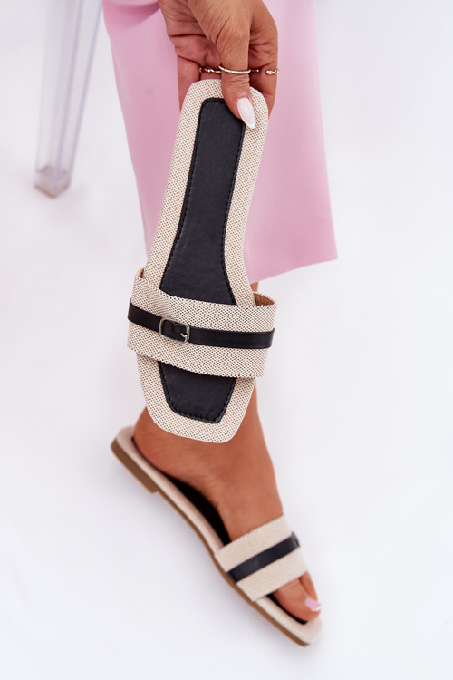 Flat Ladies Slippers With Strap And Buckle Beige Zilina