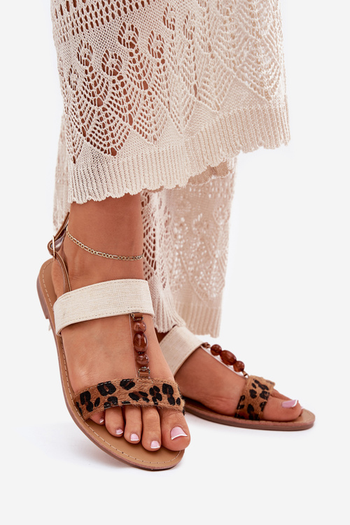 Flat Women's Sandals With Beads Leopard Brown Virona