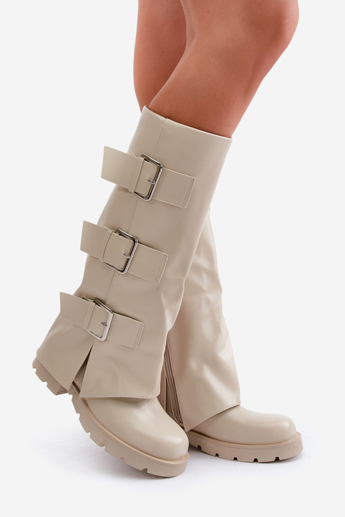 Warm Boots With Folded Shaft And Buckles Light Beige Cialetta