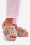 Women's Platform Slippers With Fur And Gold Accessories Beige Livira