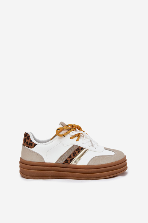 Damskie Sneakersy Z Podwójnym Sznurowaniem Na Platformie Panterka Białe Niteria