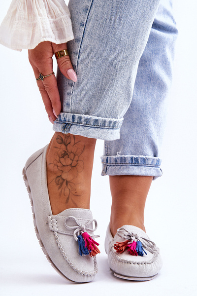 Suede Loafers With Bow And Fringes Gray Dorine