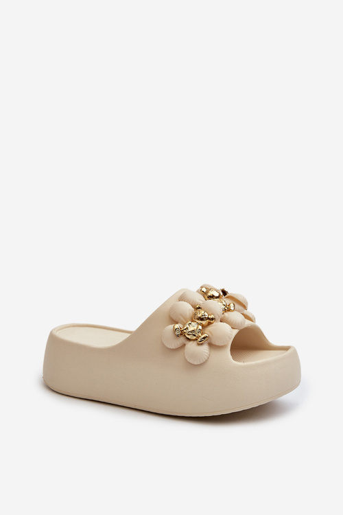 Women's Foam Slides with Decorations on Thick Sole Light Beige Bremavia