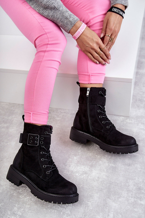 Women's Lace-up Suede Flat Heel Boots Black Firmina